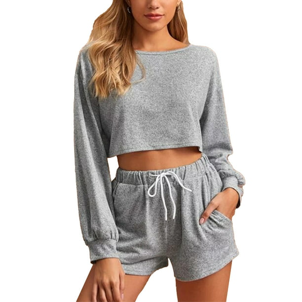 Women Two Piece Outfits Collar Neck Long Sleeve Zipup Crop Top Shorts Pants Jogging Sets 